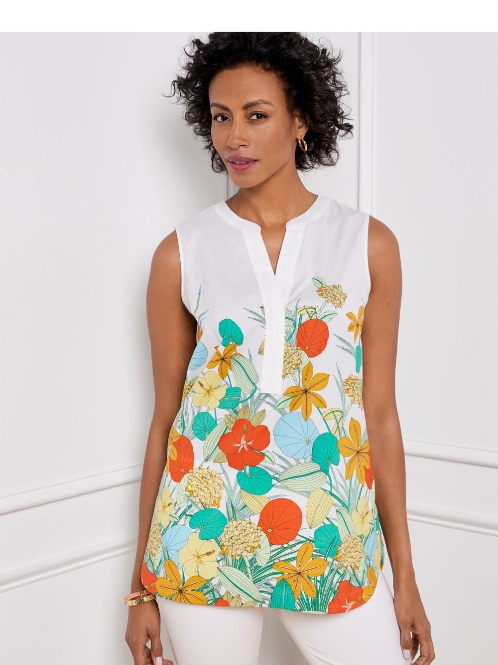 NWT Talbots White Sleeveless Popover Top with Orange, Yellow & Teal Floral Print